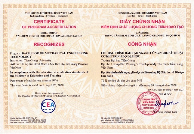 ĐẠI HỌC CNKT CƠ KHÍ ĐẠT KIỂM ĐỊNH CHƯƠNG TRÌNH ĐÀO TẠO