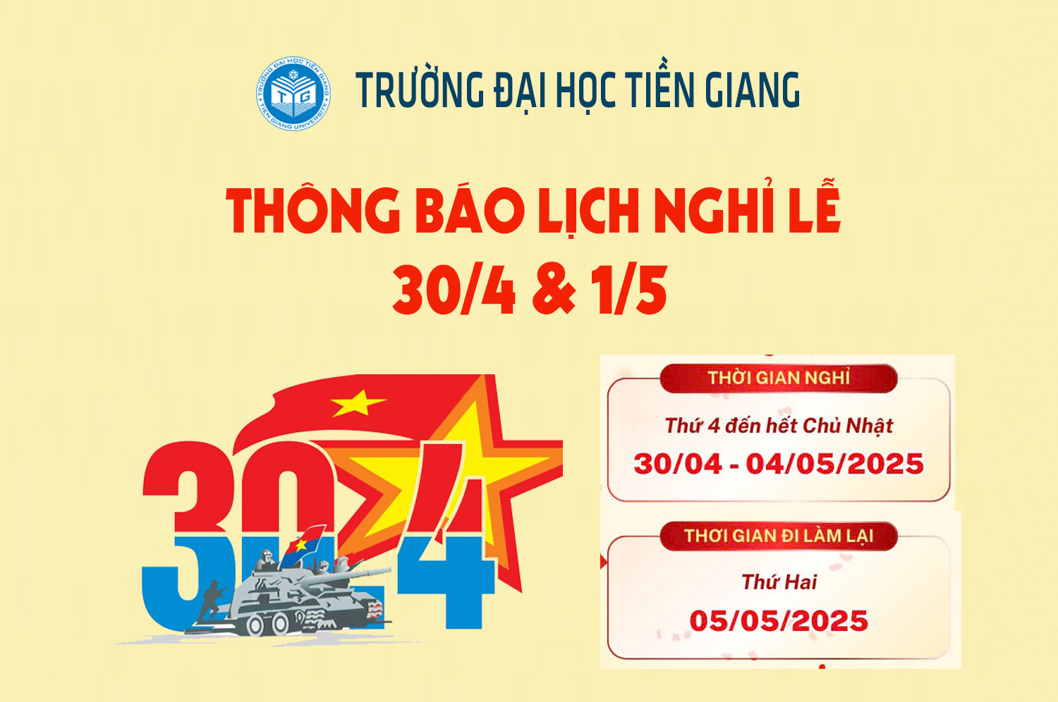 Trường Đại học Tiền Giang thông báo về thời gian nghỉ lễ 30/4 và 1/5